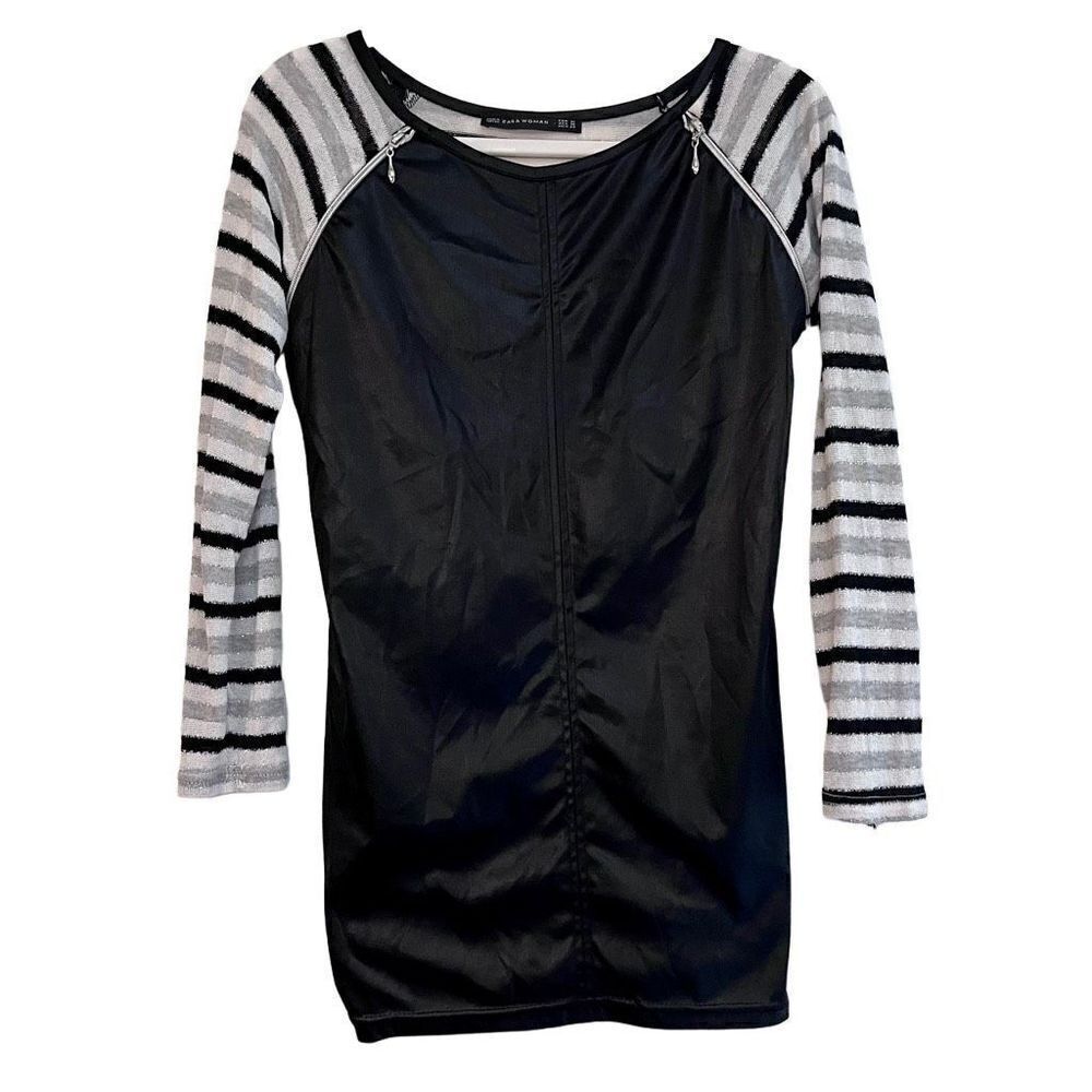 Zara Women Faux Leather Top Striped Sleeves/Back Size Medium